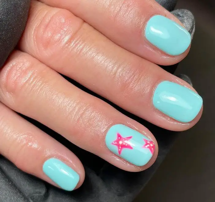 Turquoise Nails with Pink Star Design