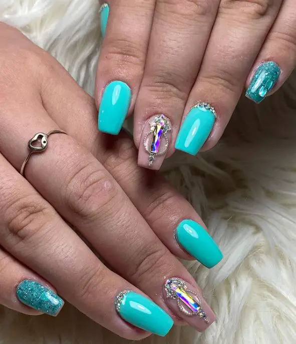 Turquoise Rhinestone Nails