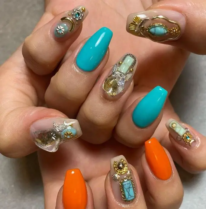 Turquoise and Orange Nails with Jewels