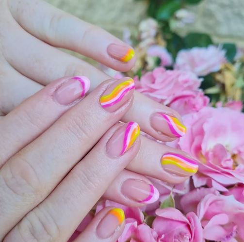 Wavy Pattern of Pink Yellow and Orange Nails