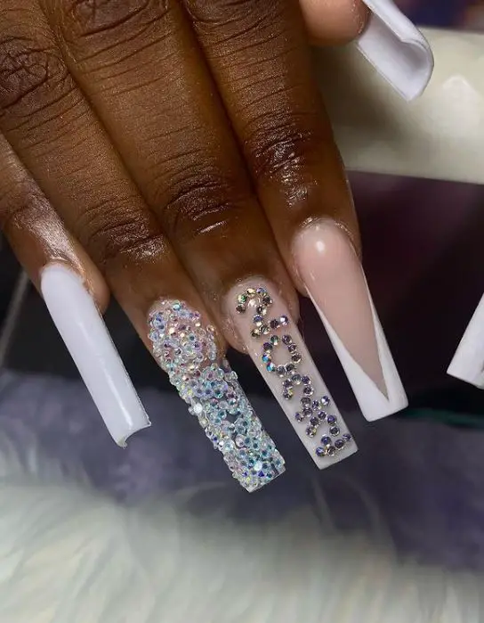 White Graduation Nails with Rhinestones