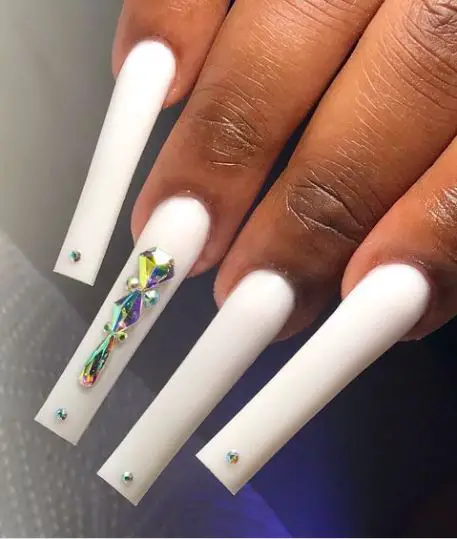 White Long Nails With Rhinestones