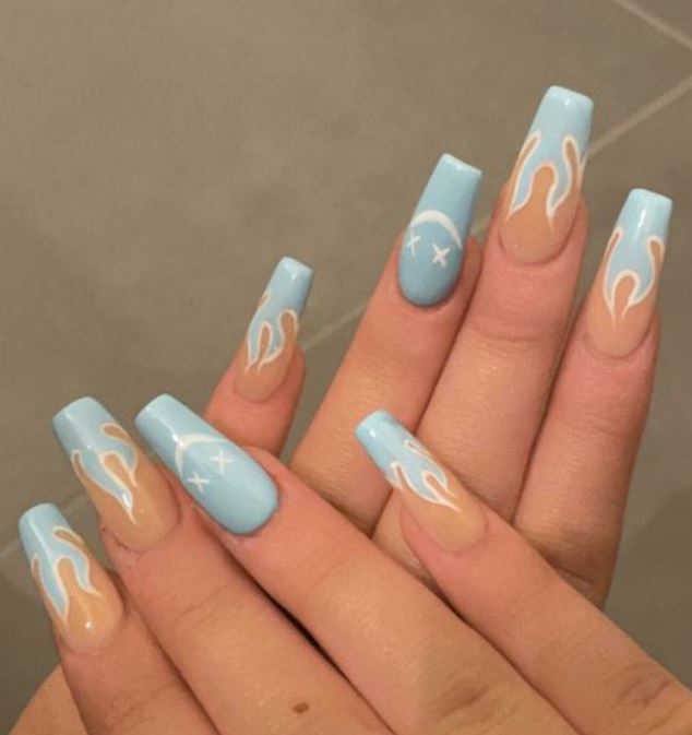 White and Baby Blue Coffin Nails