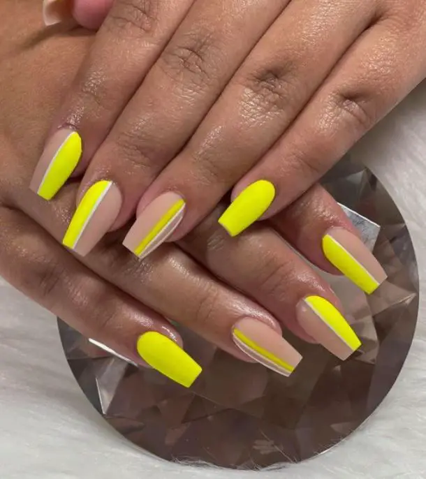 Yellow Coffin Nails With Lines