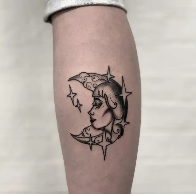 artistic moon tattoo with stars