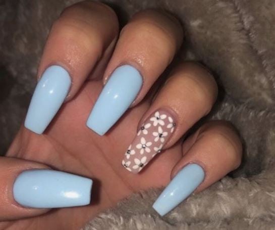 baby blue nails with white flowers