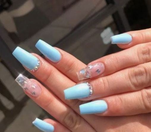 blue nails with Rhinestones and butterflies