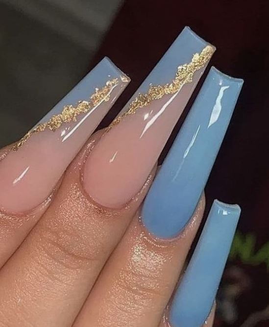 blue nails with gold glitter