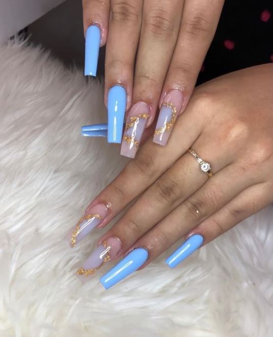 blue nails with pink and gold design