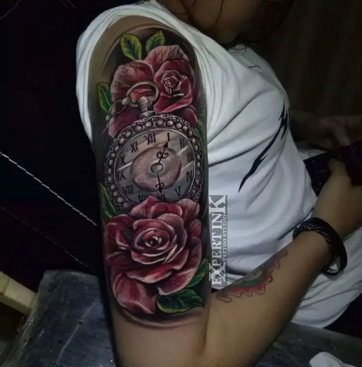 coloured Clock and Rose Shoulder Tattoo