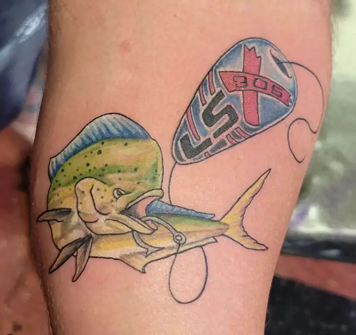 coloured fish on a hook tattoo