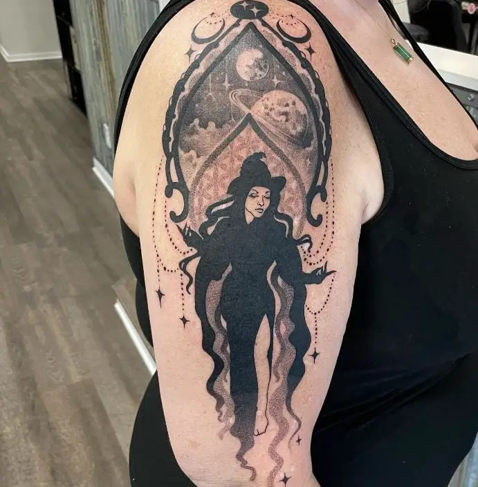 complex Witchy Moon and Stars Tattoo