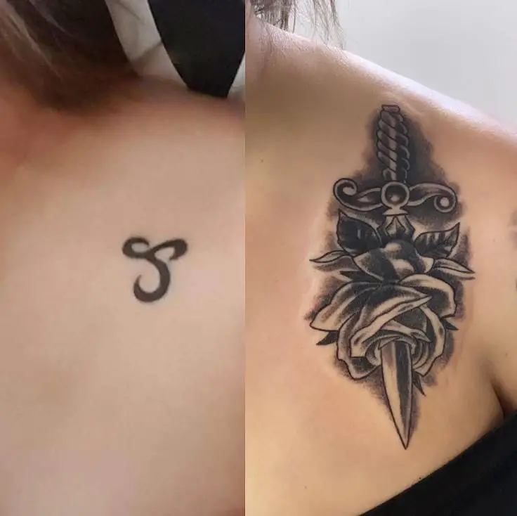 cover up tattoo with a dagger and a rose