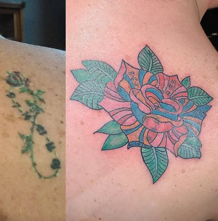 coverup memorial rose shoulder tattoo