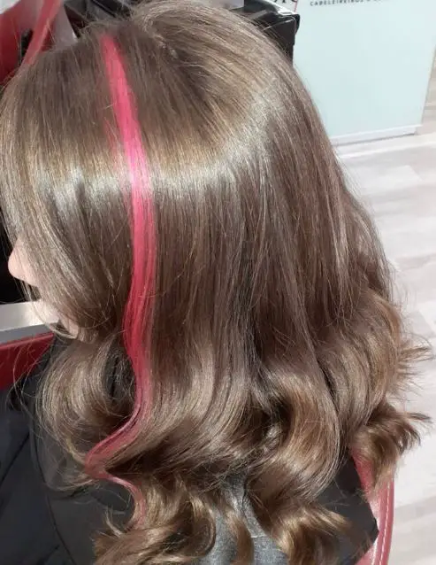 dark brown hair with a pink highlight