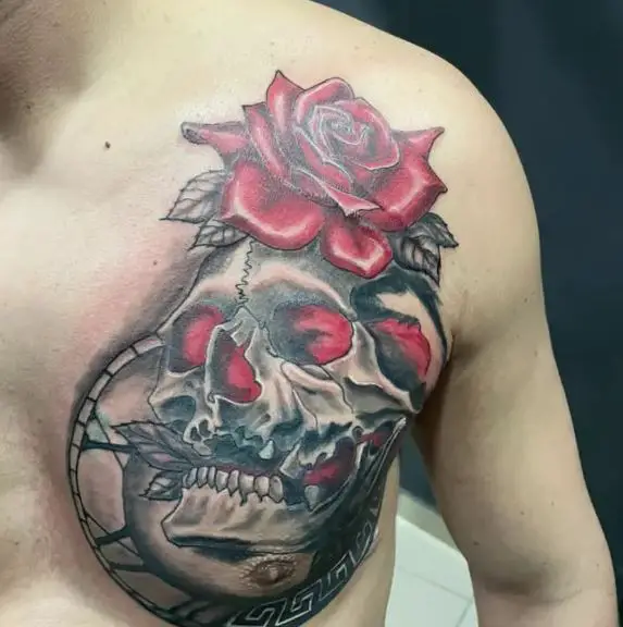 detailed roses skull tattoo