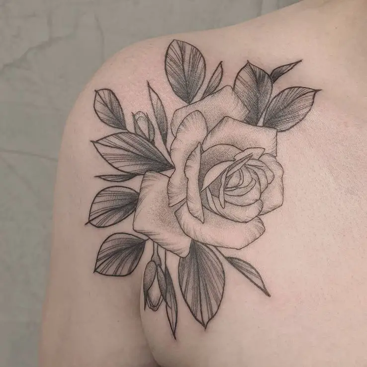 dot work single rose tattoo