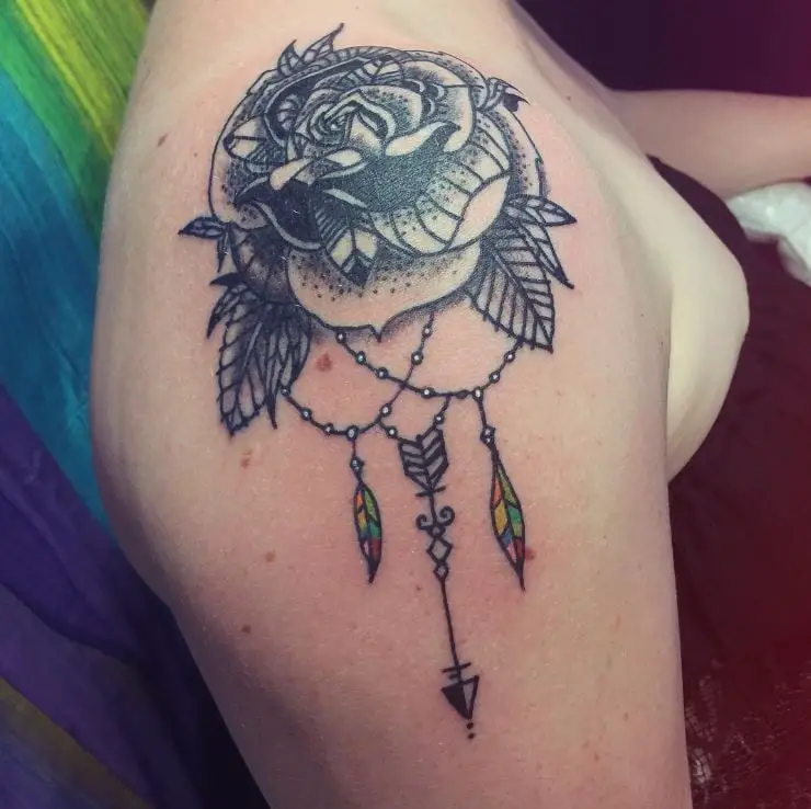 dream catcher rose shoulder tattoo