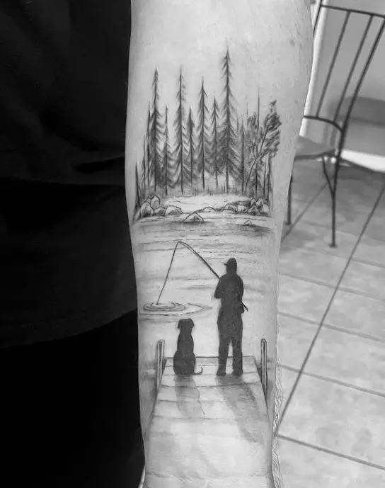 fisherman and a dog's silhouette tattoo