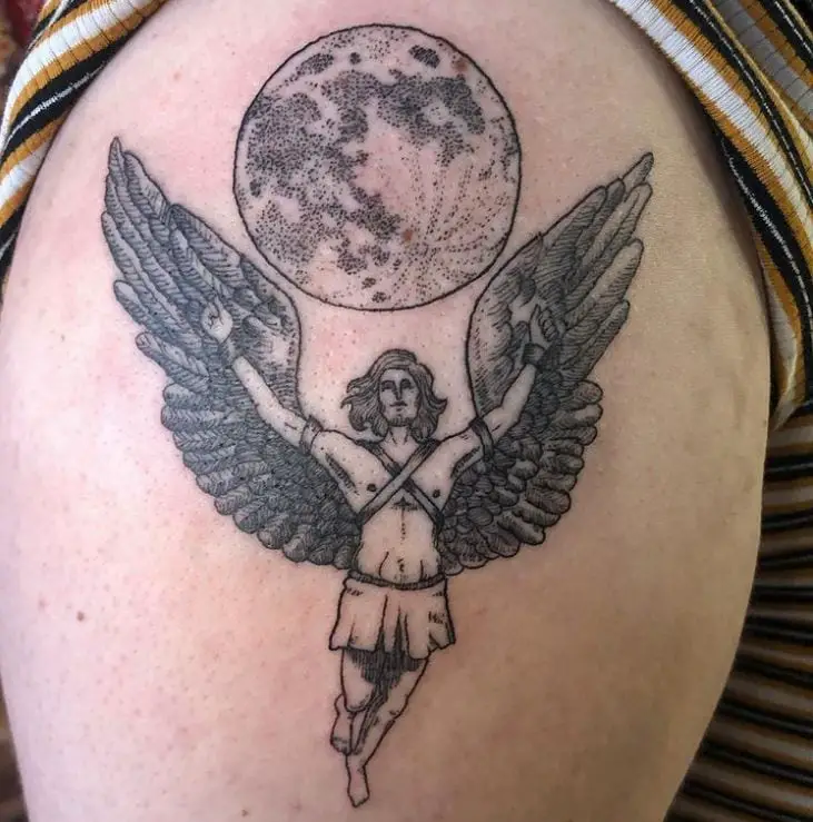 flying icarus tattoo with the moon