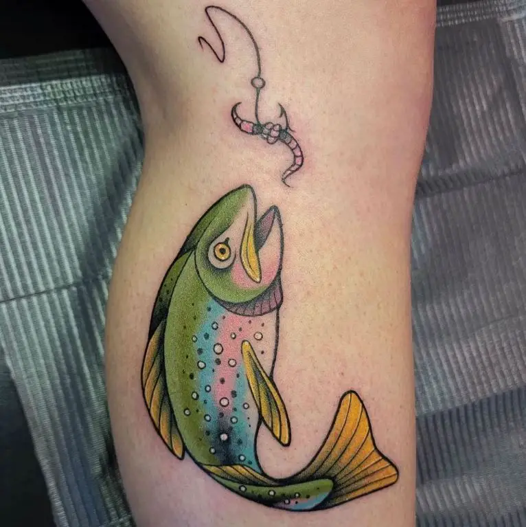 green trout and a hook tattoo