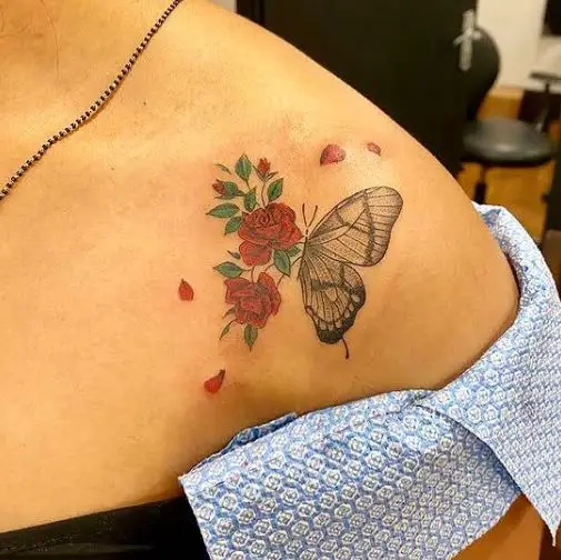 half butterfly tattoo with roses