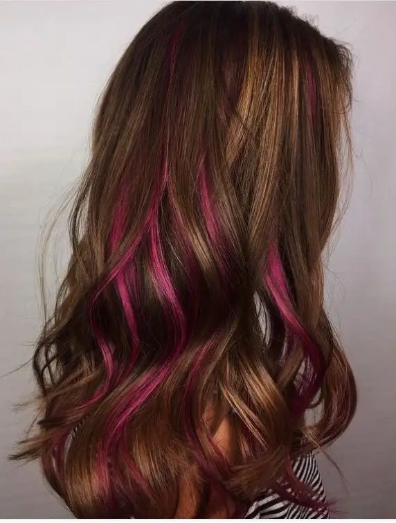 hazel brown hair with pink highlights