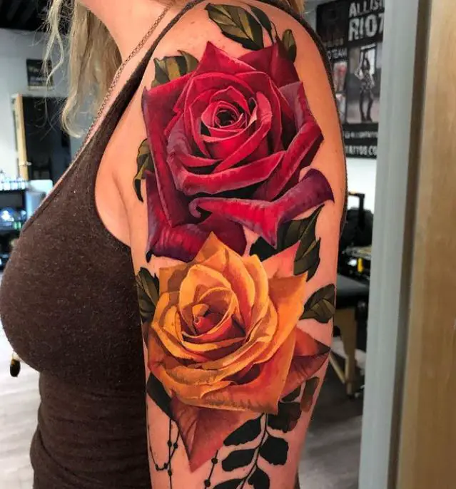 large coloured rose shoulder tattoos