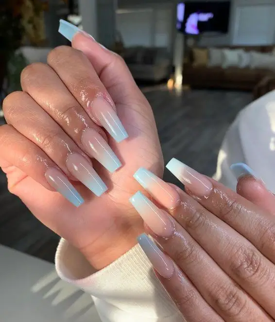 long nude and blue ombre nails