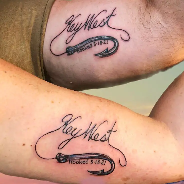 matching fishing hook tattoos with date