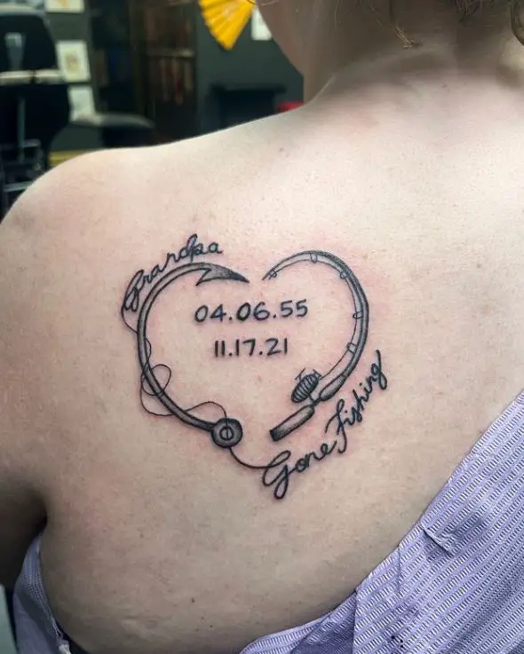 memorial tattoo with fishing rod and dates