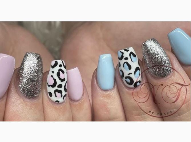 pink and blue nails with prints