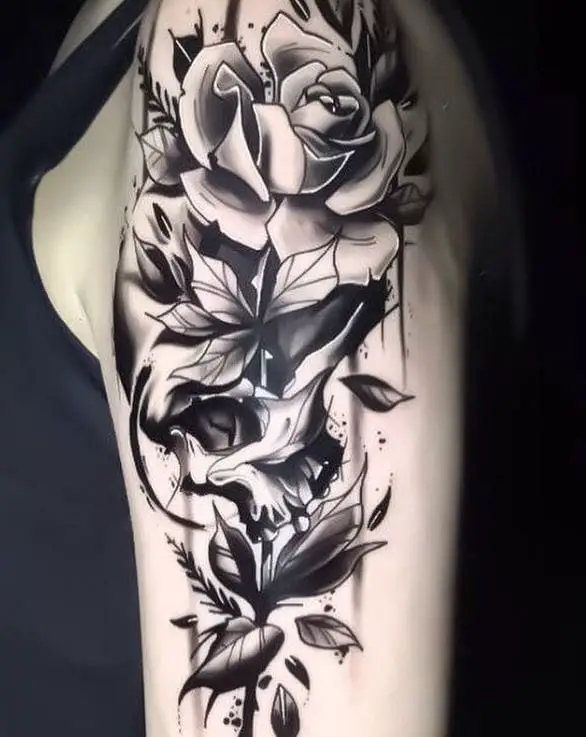 black and white rose tattoo shoulder