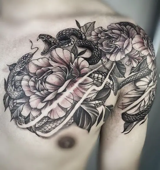 snake and roses shoulder tattoo