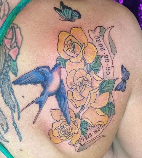 tatto with yellow roses, dates, a bird and a butterfky