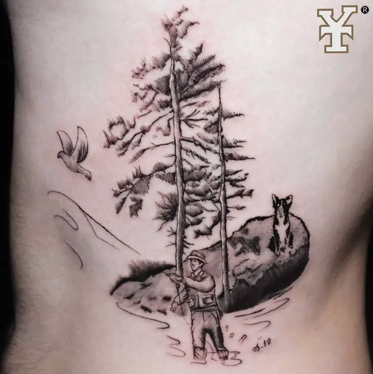 tattoo of a man fishing with a dog