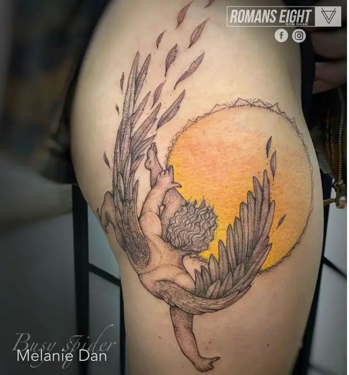 thin line icarus tattoo with a yellow moon
