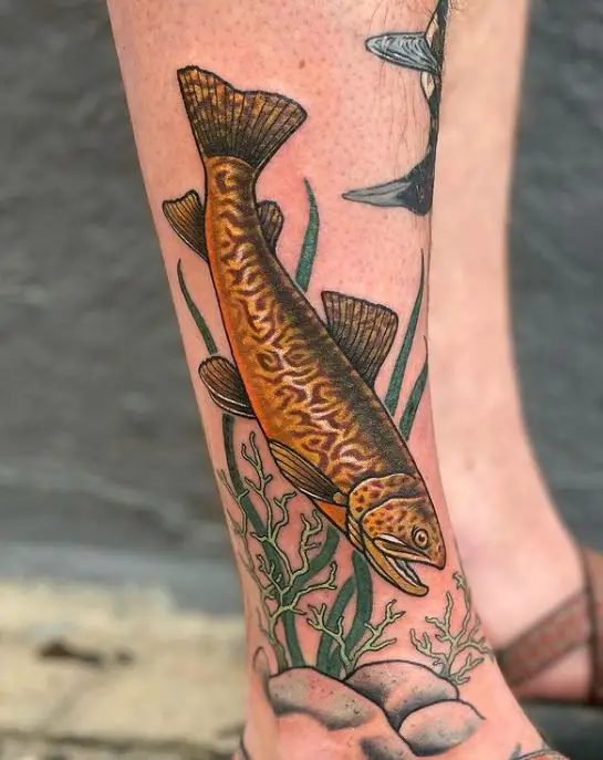 tiger trout fish tattoo on the leg