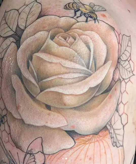 white rose tattoo with a bee