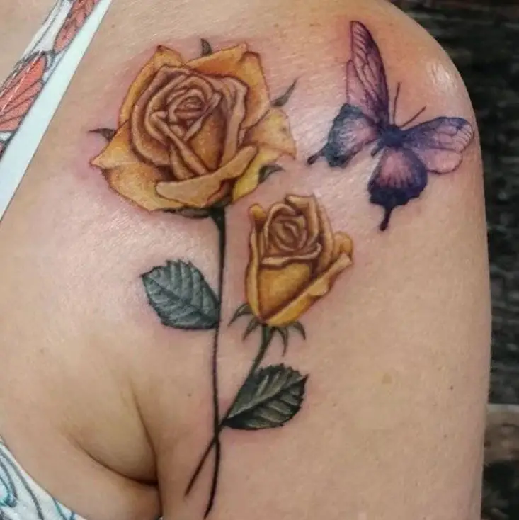 yellow roses tattoo with a butterfly