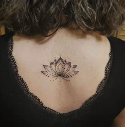 Black Inked Blooming Lotus Flower Tattoo
