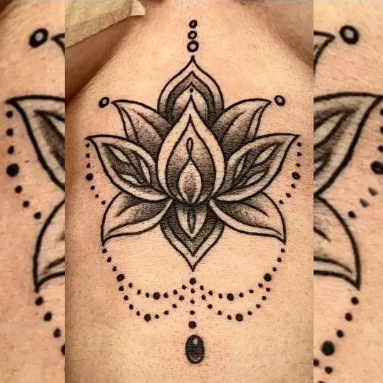 Black Inked and Dotted Design Lotus Flower Tattoo