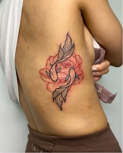 Black Koi Fish and Red Flower Tattoo