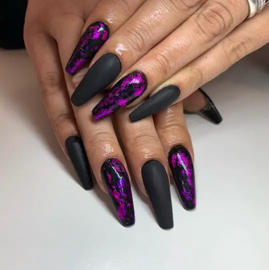 Black Polish With Purple Nail Designs