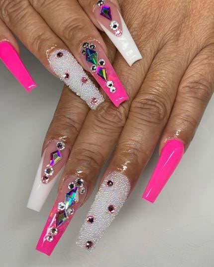 Blinged Out Hot Pink Nails