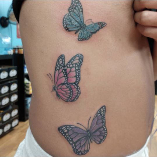 Blue Pink and Purple Colorful Butterflies Tattoo