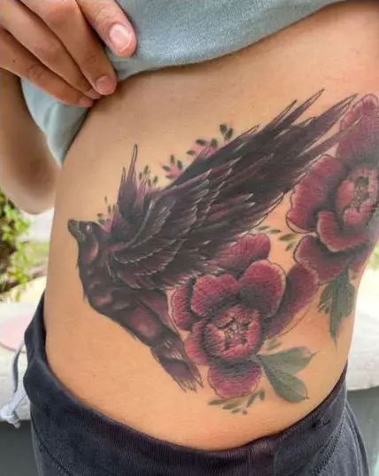 Bold Ink Purple and Maroon Floral Bird Tattoo
