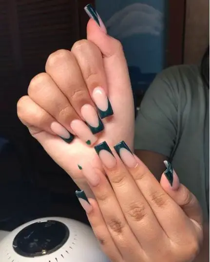 Bold Nude And Emerald Color Nails