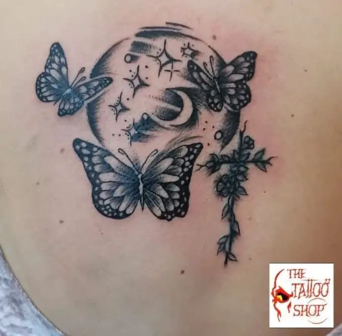Butterfly, Stars and Moon Tattoos with shading