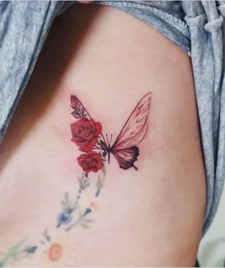 Butterfly and Red Rose Tattoo